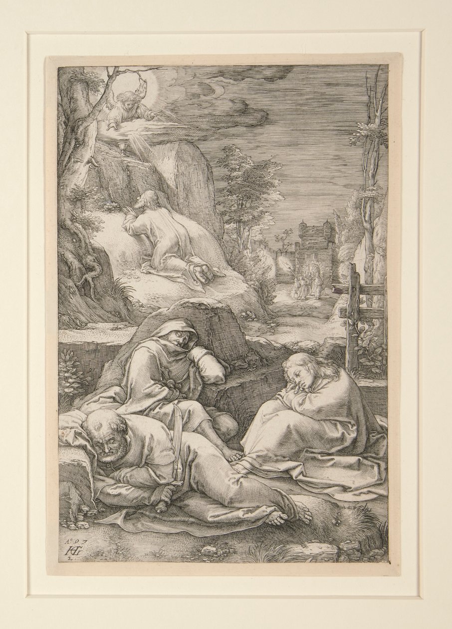 Kristus på Oliebjerget (Agony in the Garden), fra The Passion, #2 i en serie af 12 graveringer af Hendrick Goltzius