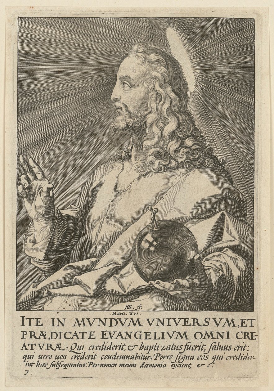 Kristus som Salvator Mundi, blad 7 fra serien «Kristus, de tolv apostle og Paulus» af Hendrick Goltzius