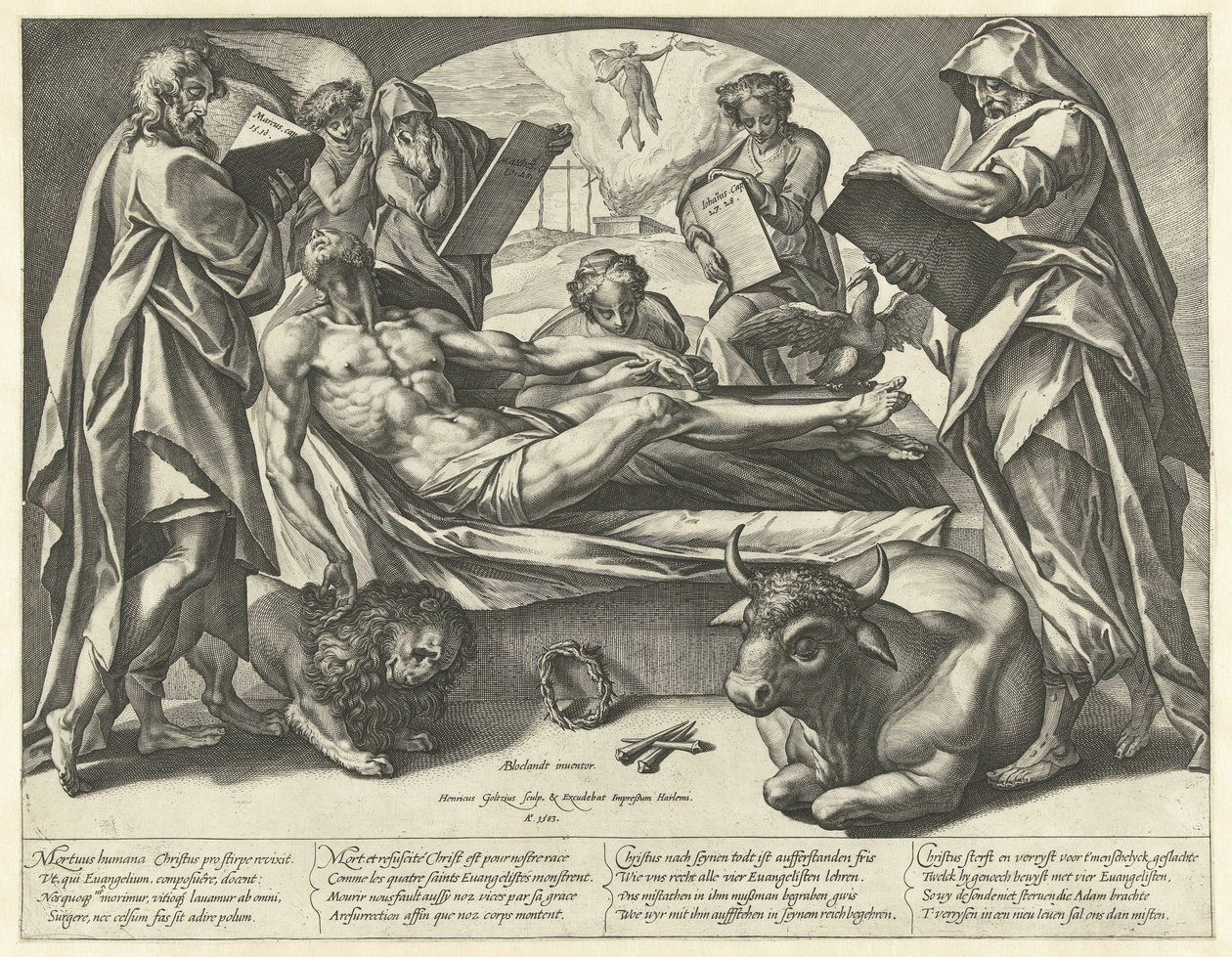 Den døde Kristus og de fire evangelister af Hendrick Goltzius