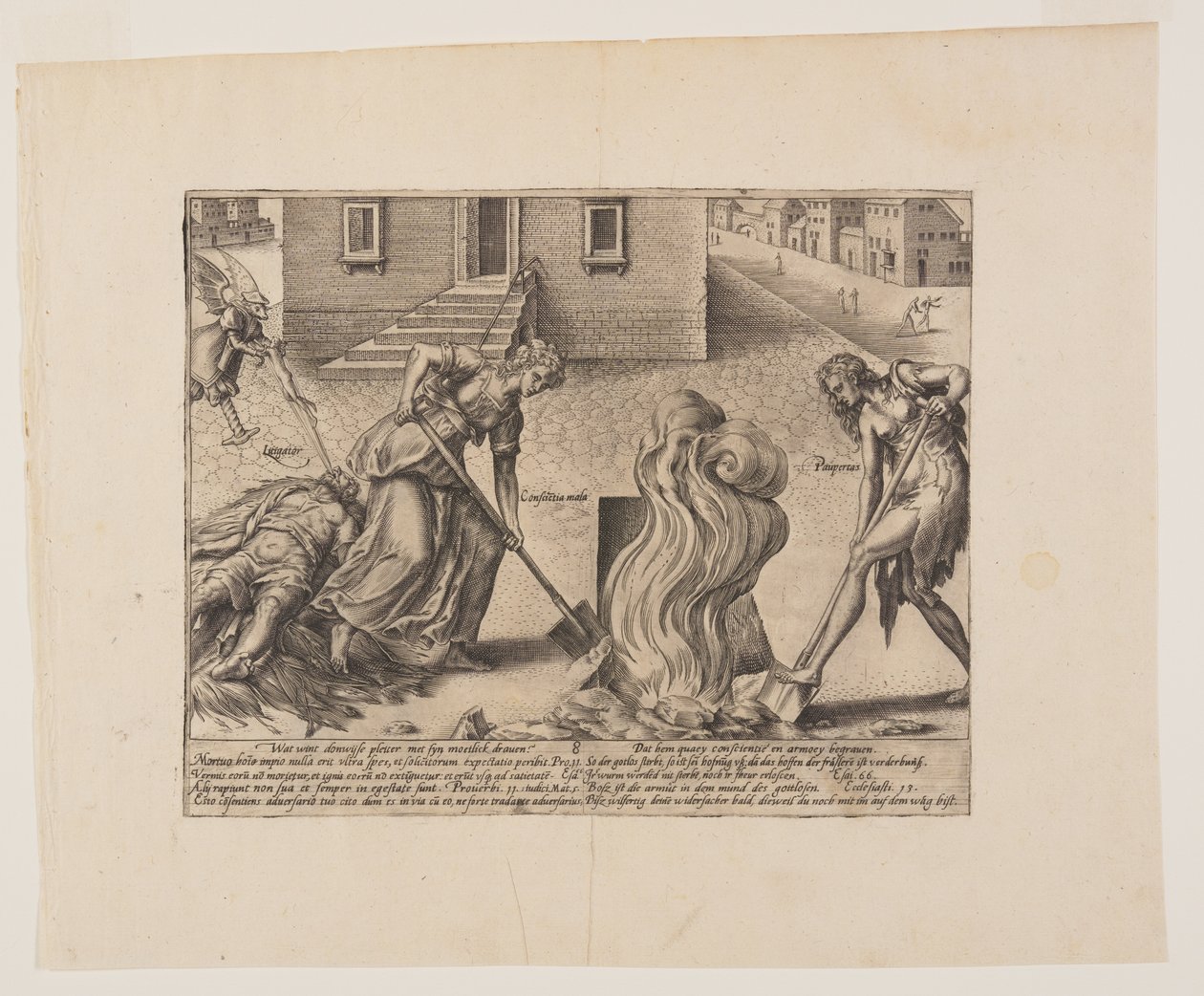 Den tåbelige sagsøgers død, fra Litis Abusus (Lovens misbrug) af Hendrick Goltzius