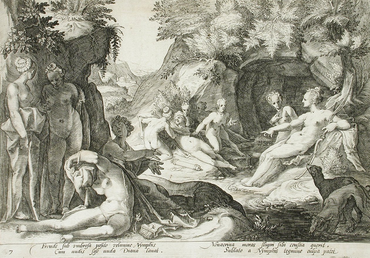 Diana og hendes nymfer opdager Callistos graviditet af Hendrick Goltzius
