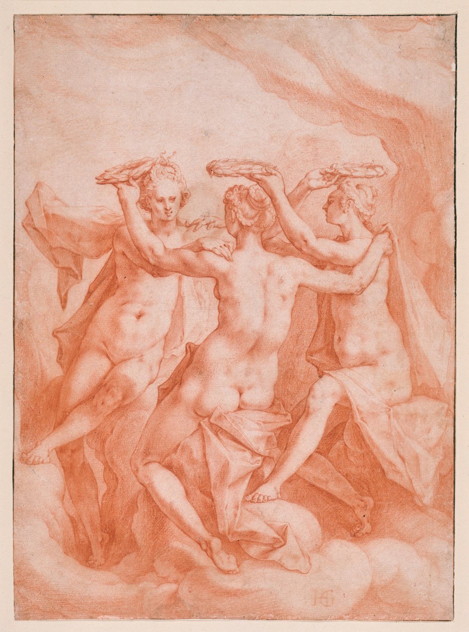 Die drei Grazien auf Wolken schwebend af Hendrick Goltzius
