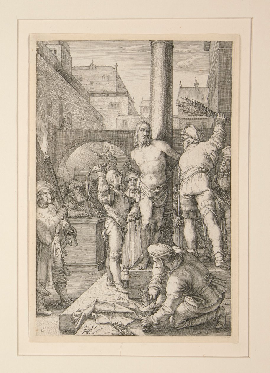 Flagellation of Christ, fra The Passion, #6 i en serie af 12 graveringer af Hendrick Goltzius
