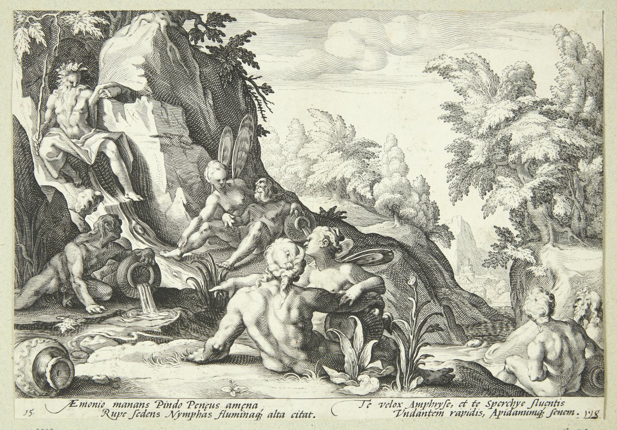 Flodguden Peneus omgivet af andre guddommelige skikkelser af Hendrick Goltzius