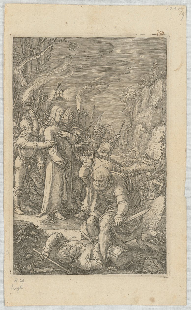 Kristi tilfangetagelse, blad 3 fra serien „Passionen“ af Hendrick Goltzius