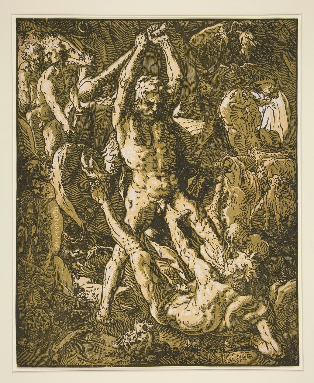 Hercules dræber Cacus af Hendrick Goltzius