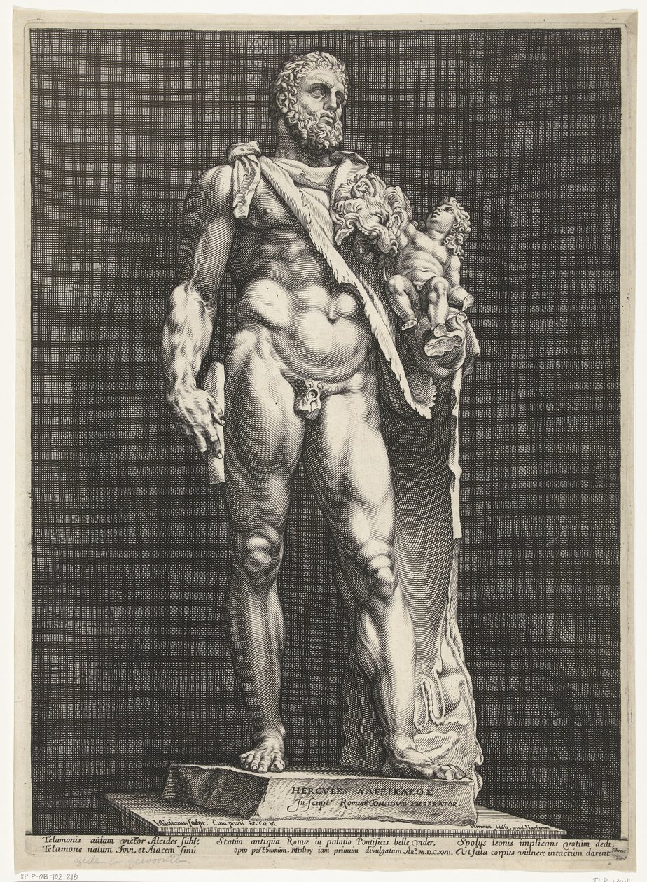 Hercules og Telephos Kejser Commodus som Hercules Tre antikke statuer i Rom (serietitel) af Hendrick Goltzius