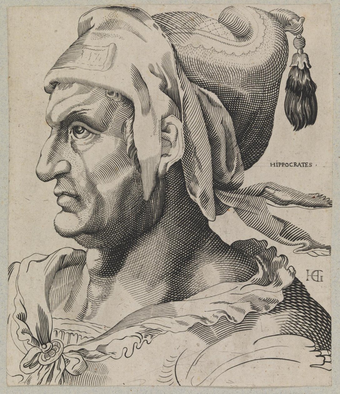 Hippokrates. Buste af en mand i profil af Hendrick Goltzius