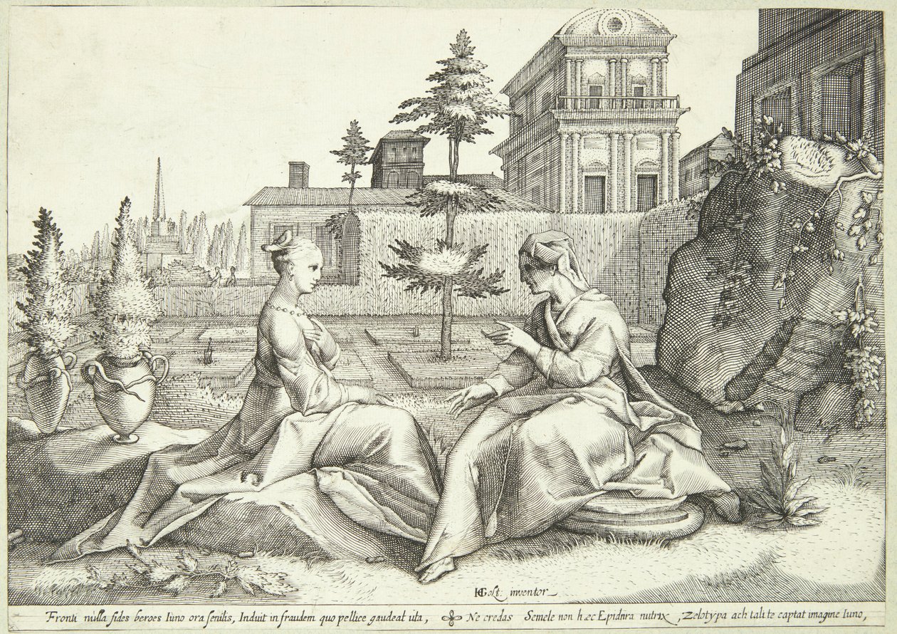 Juno i forklædning som Beroë advarer Semele af Hendrick Goltzius