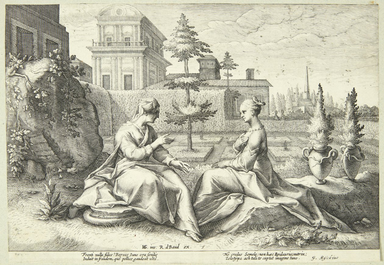 Juno i forklædning som Beroë advarer Semele af Hendrick Goltzius