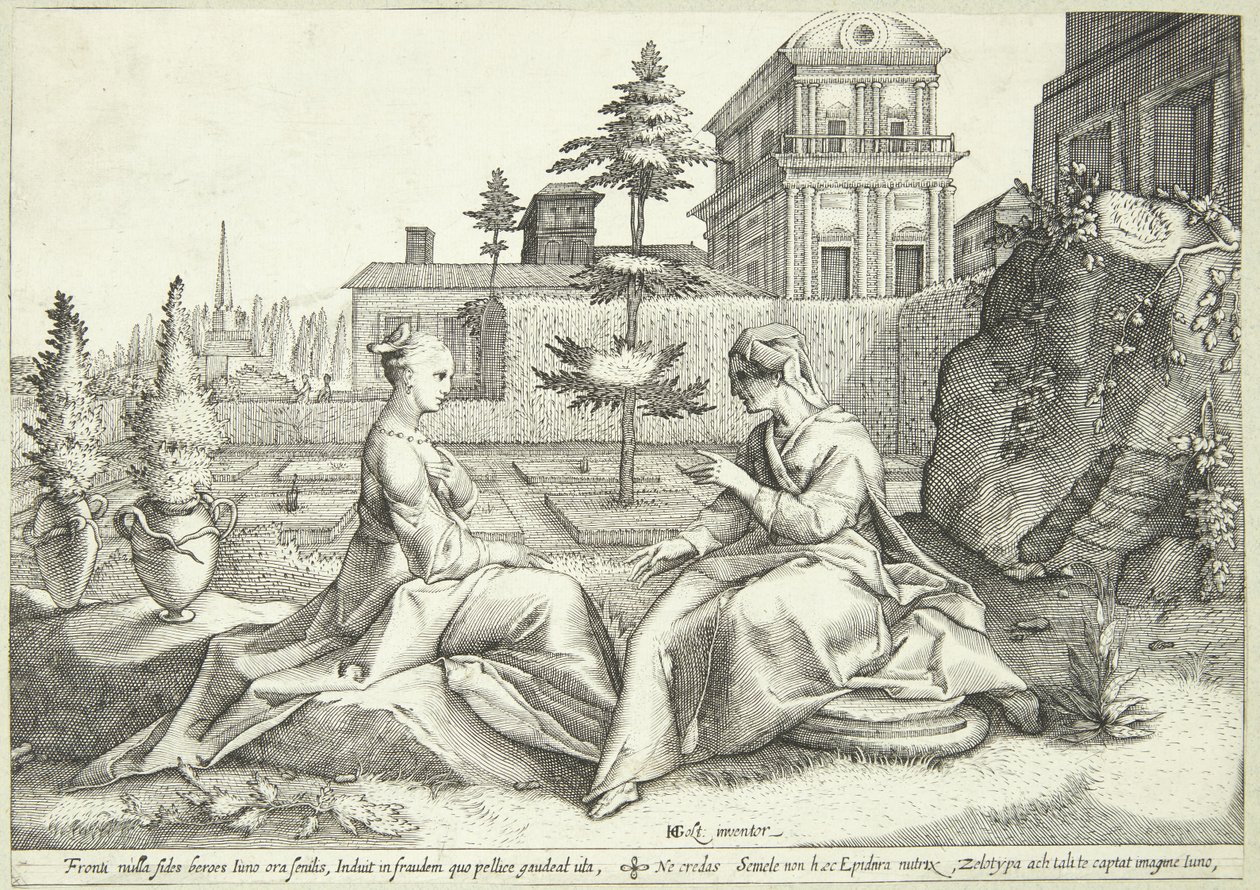 Juno i forklædning som Beroë advarer Semele af Hendrick Goltzius