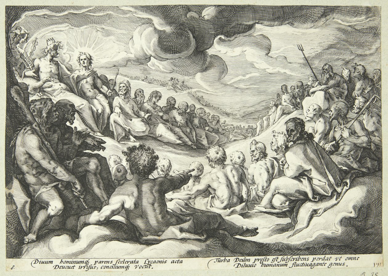 Jupiter rådfører sig med guderne om ødelæggelsen af universet af Hendrick Goltzius