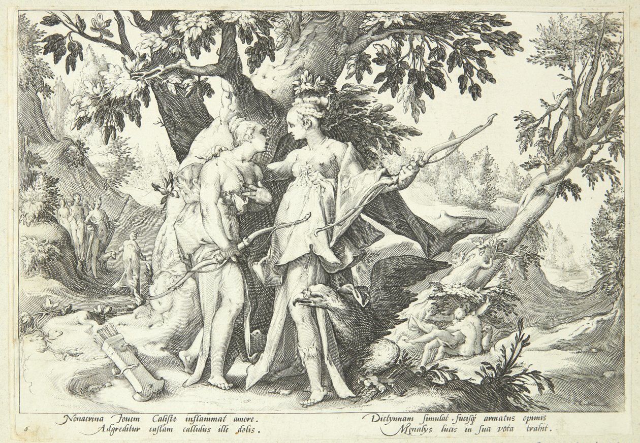 Jupiter forklædt som Diana forfører Kallisto af Hendrick Goltzius