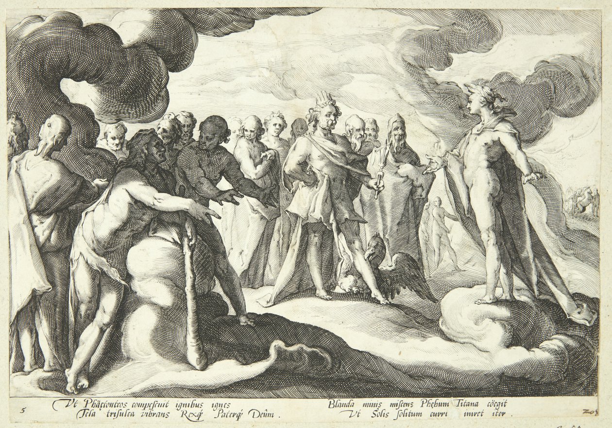 Jupiter og guderne beder Helios om at genoptage kontrollen over solvognen af Hendrick Goltzius