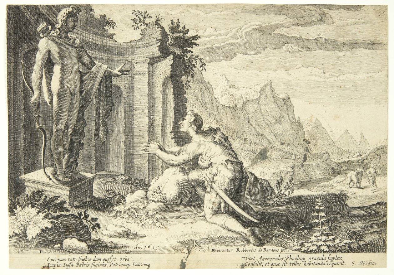 Kadmos spørger oraklet i Delfi, hvor han kan finde sin søster Europa af Hendrick Goltzius