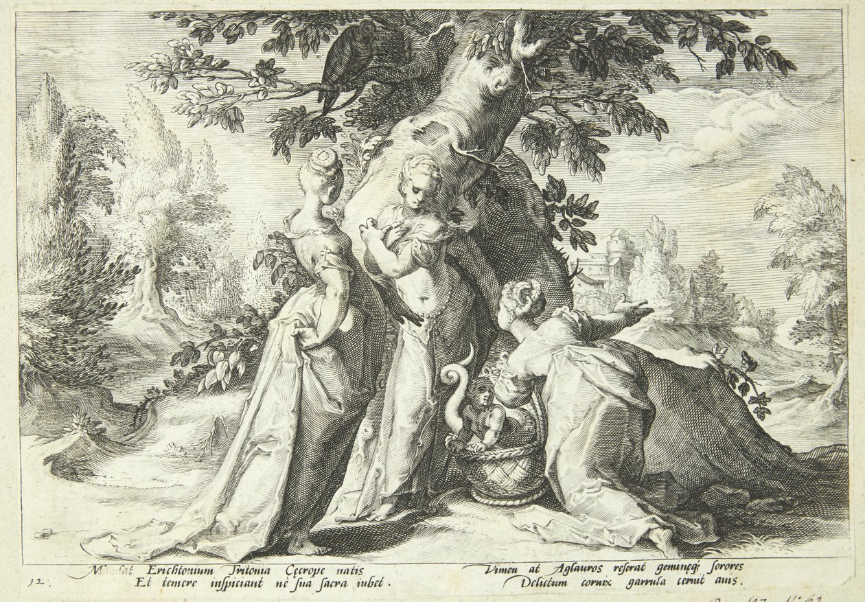 Kekrops døtre åbner kurven, der er betroet dem af Minerva af Hendrick Goltzius