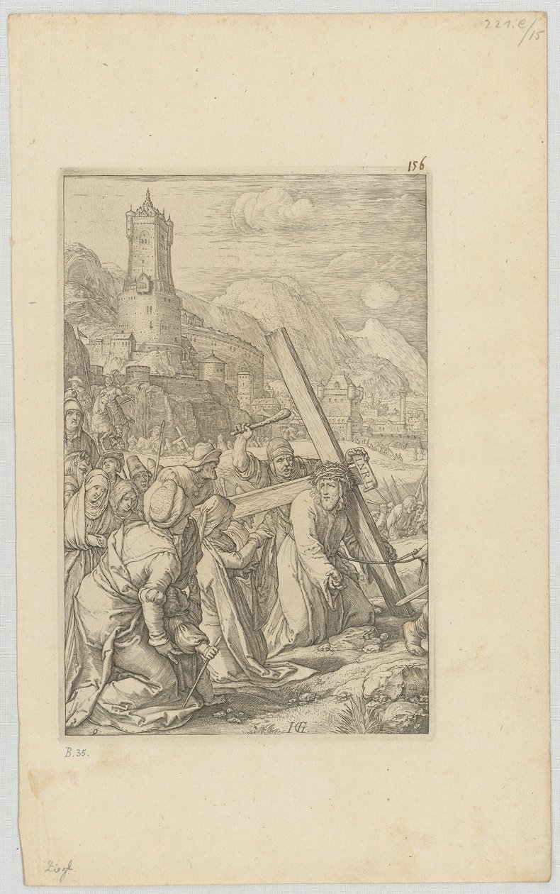 Korsbæringen, blad 9 i serien »Die Passion« af Hendrick Goltzius