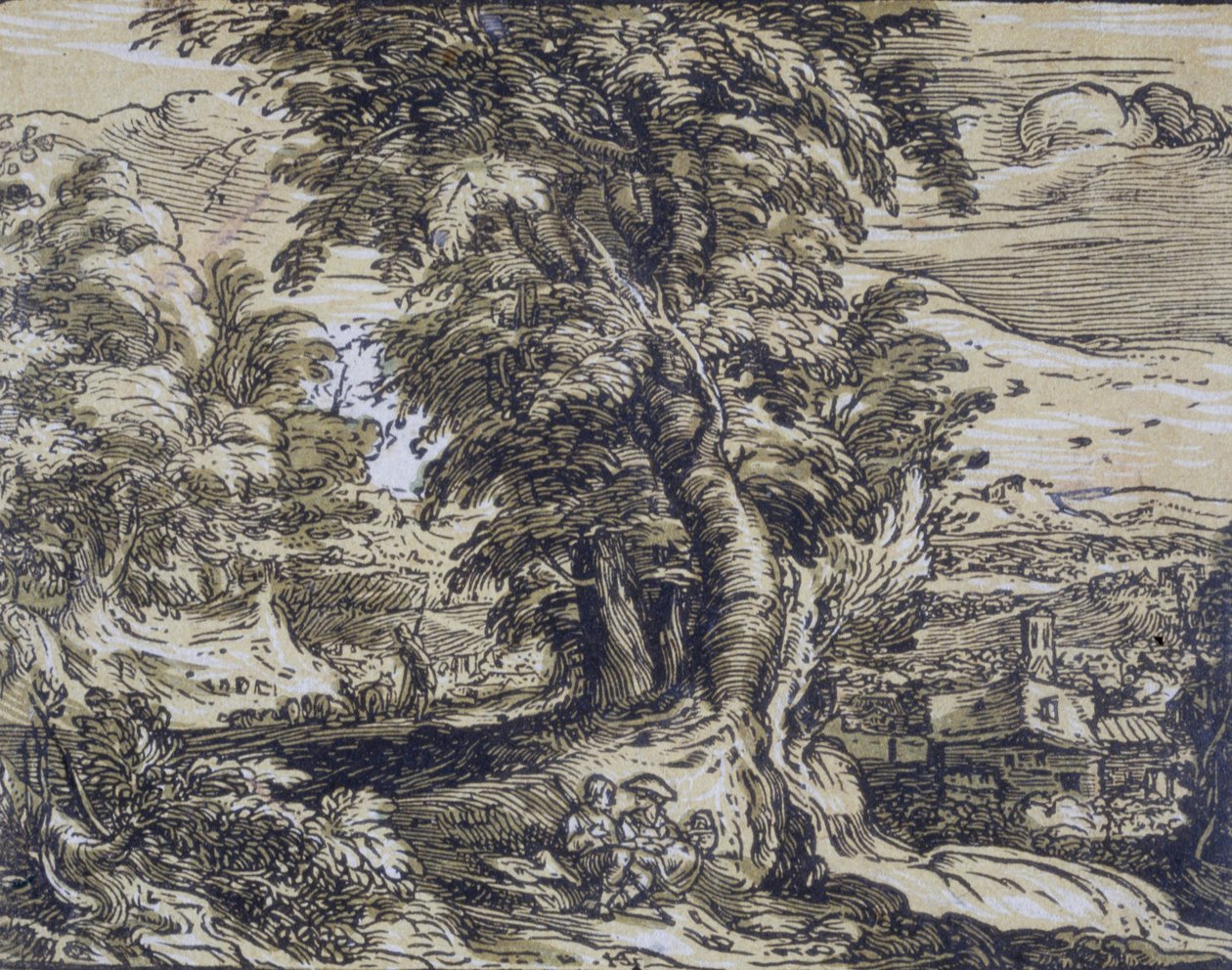 Landskab med træer og et hyrdepar af Hendrick Goltzius