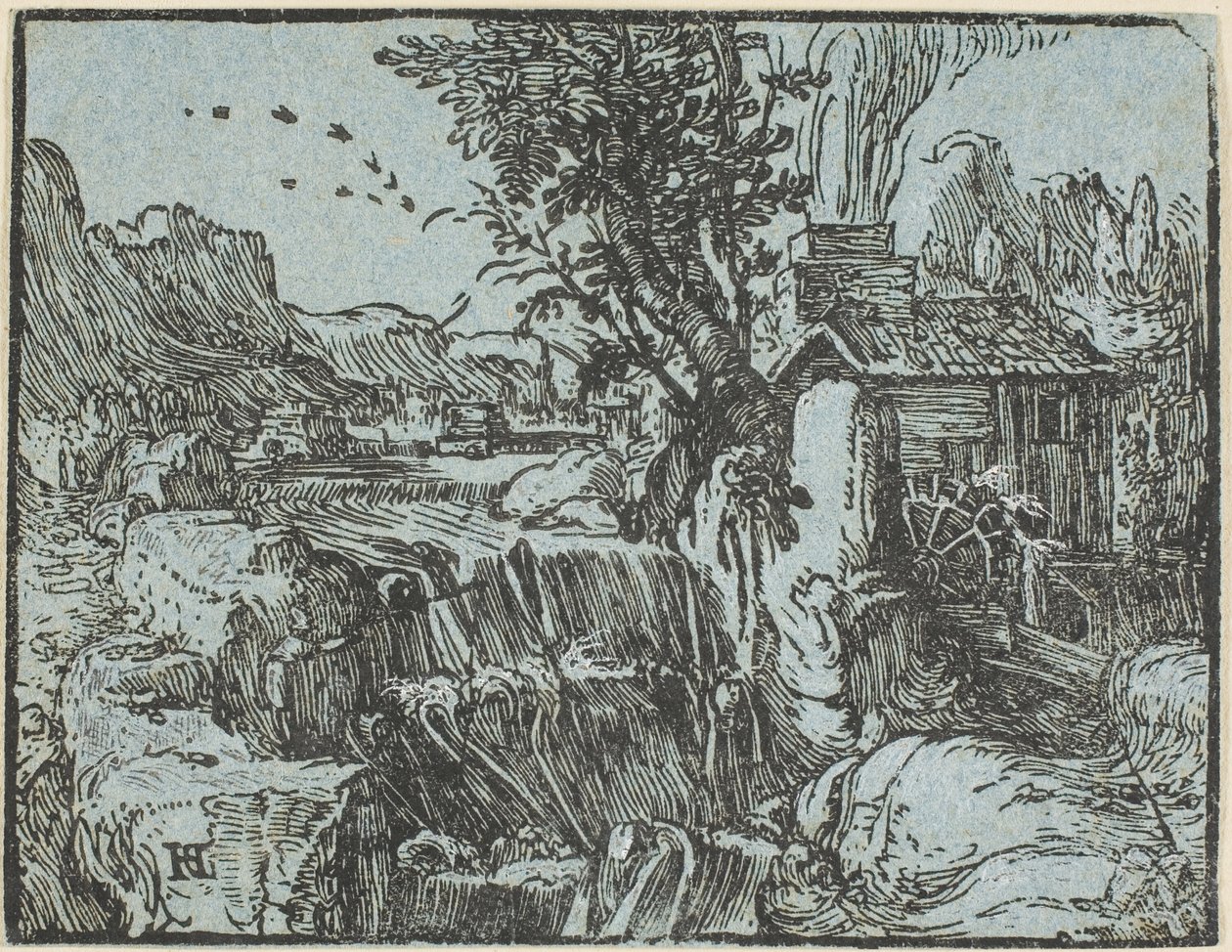 Landskab med et vandfald, fra fire små landskaber af Hendrick Goltzius