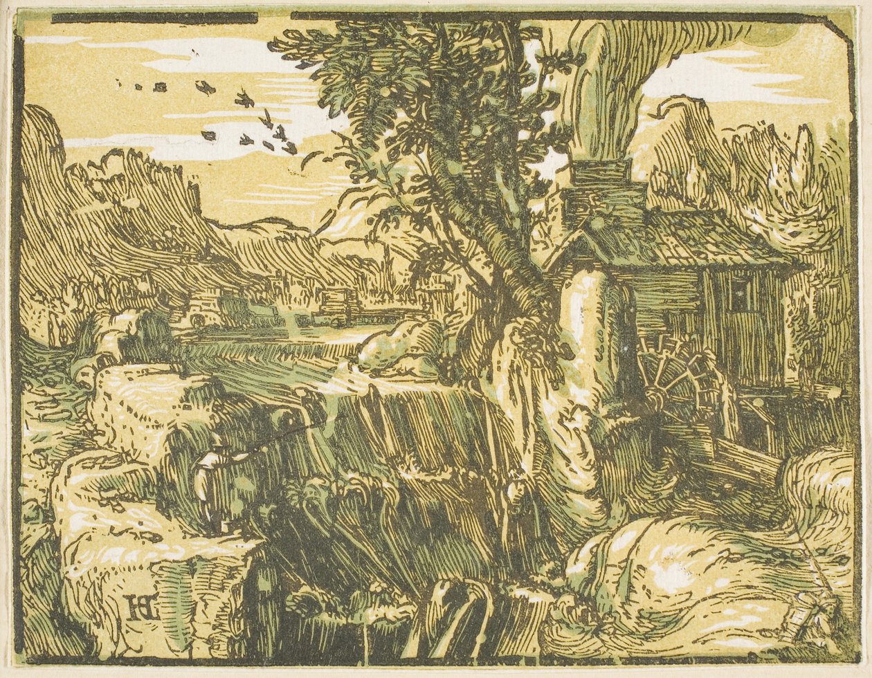 Landskab med et vandfald, fra fire små landskaber af Hendrick Goltzius