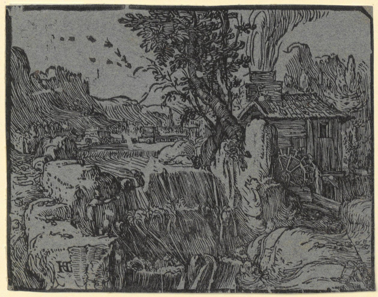 Landskab med vandfald og mølle, blad 1 af serien "Fire små landskaber" af Hendrick Goltzius