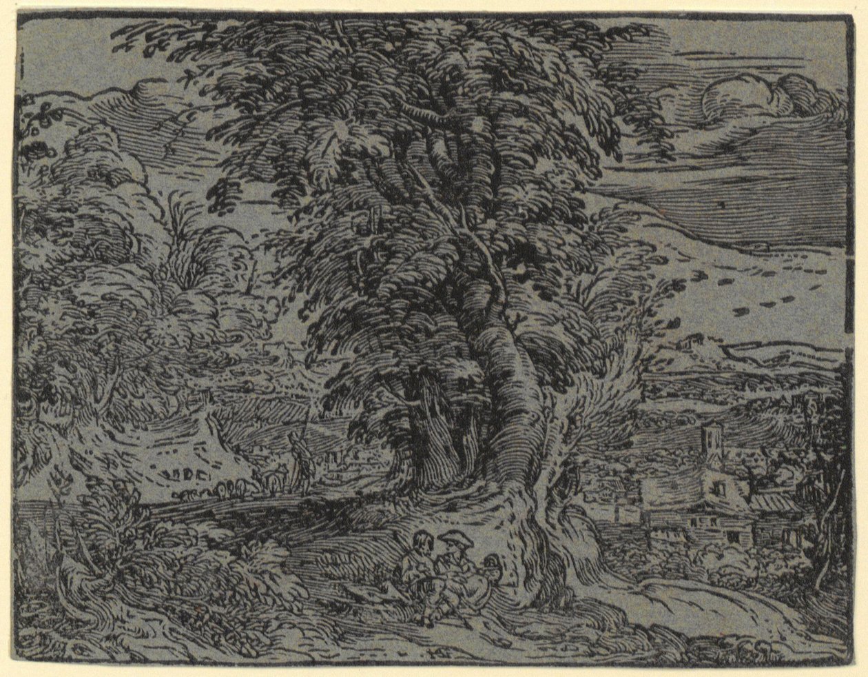 Landskab med siddende par og hyrde, blad 2 fra serien »Fire små landskaber« af Hendrick Goltzius
