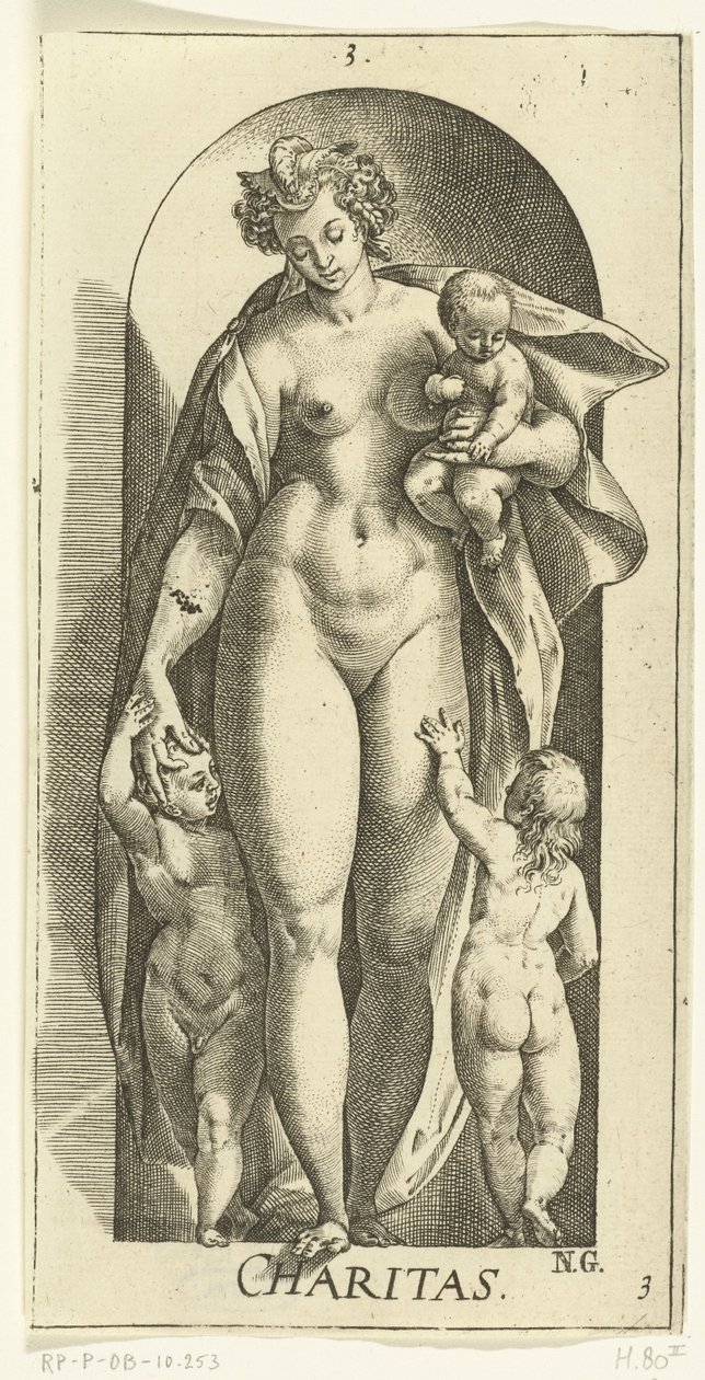 Kærlighed Velgørenhed (titel på objekt) De syv dyder (serietitel) af Hendrick Goltzius