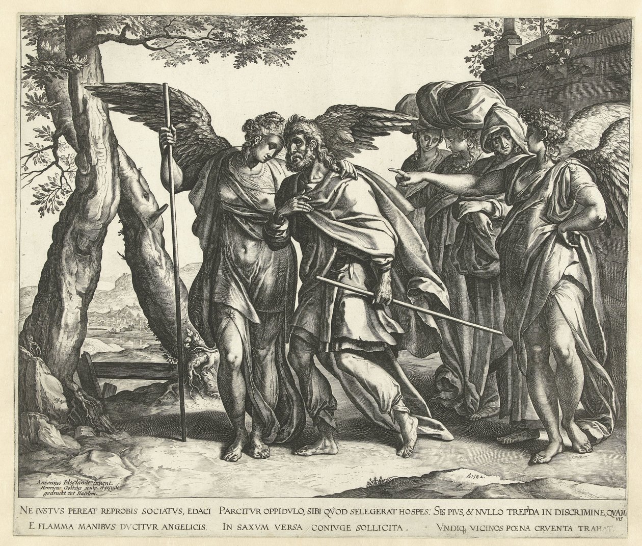 Lot flygter fra Sodoma med sin kone og sine døtre af Hendrick Goltzius