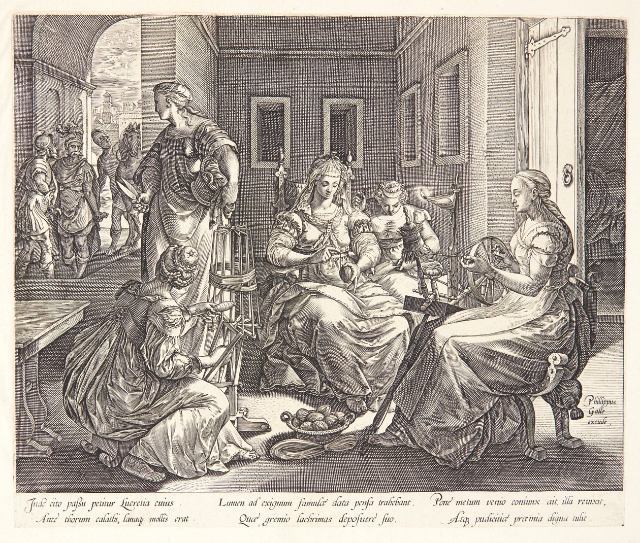 Lucretia spinder med sine hofdamer af Hendrick Goltzius