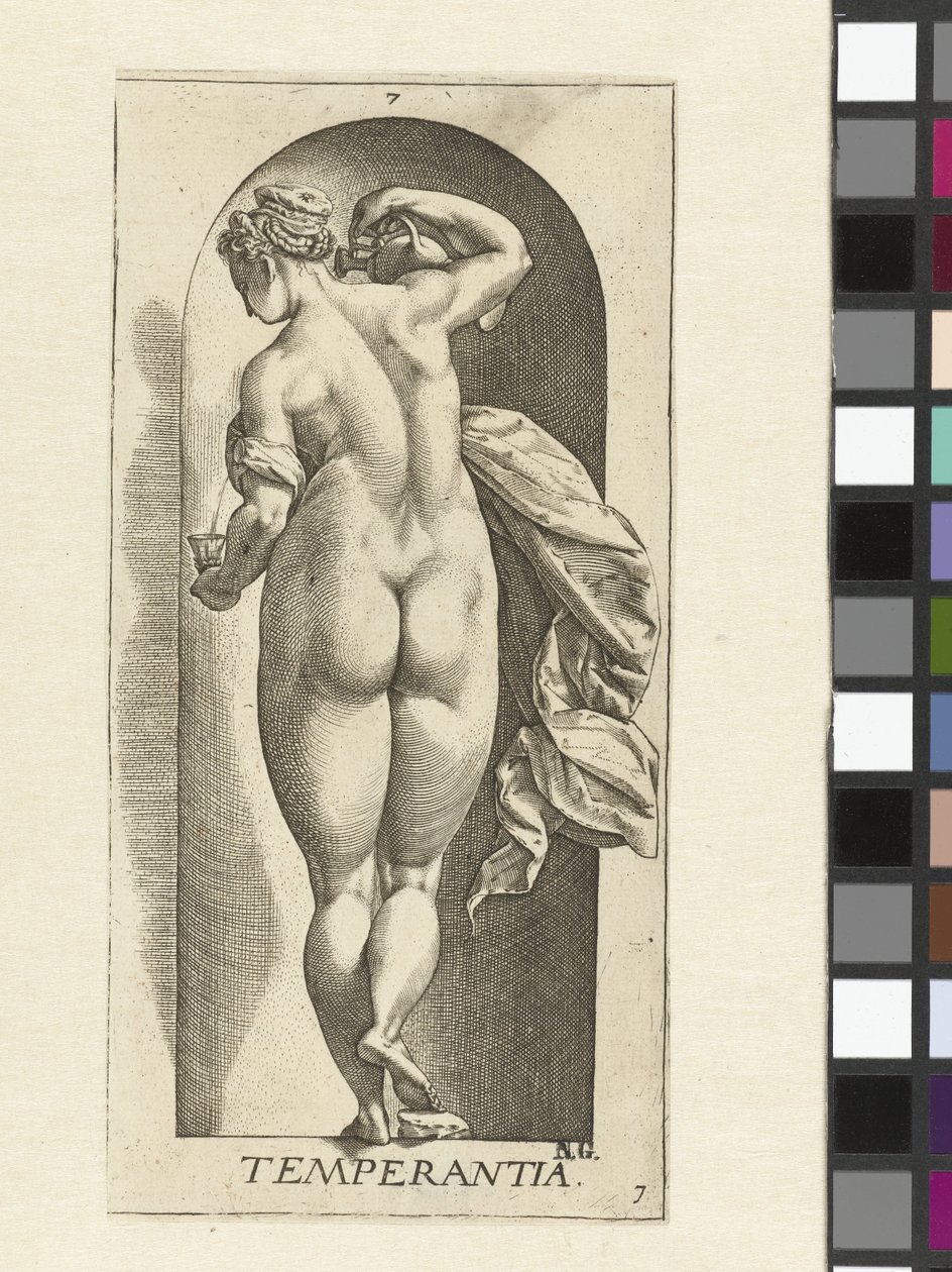 afholdenhed Temperance (titel på objekt) De syv dyder (serietitel) af Hendrick Goltzius