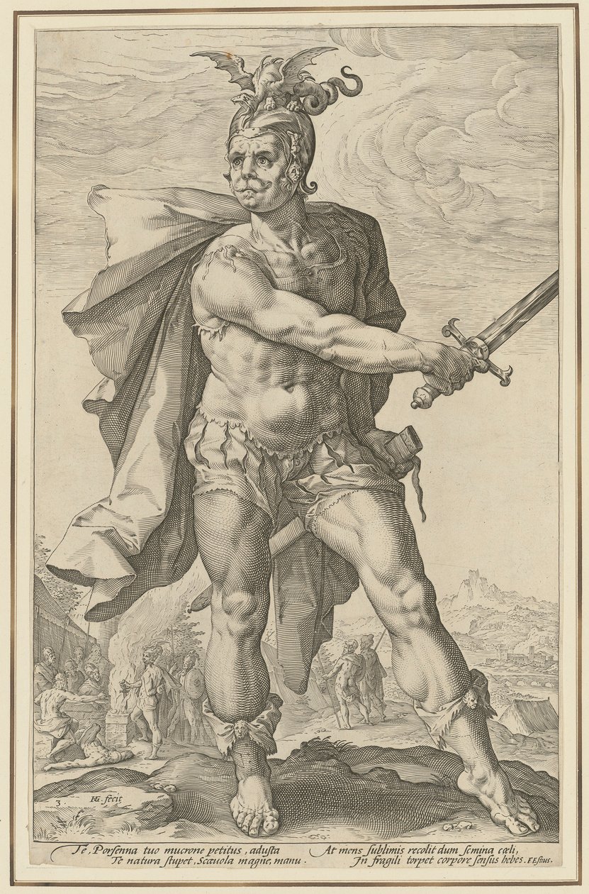 Mucius Scaevola, side 3 i serien »Romerske helte« af Hendrick Goltzius