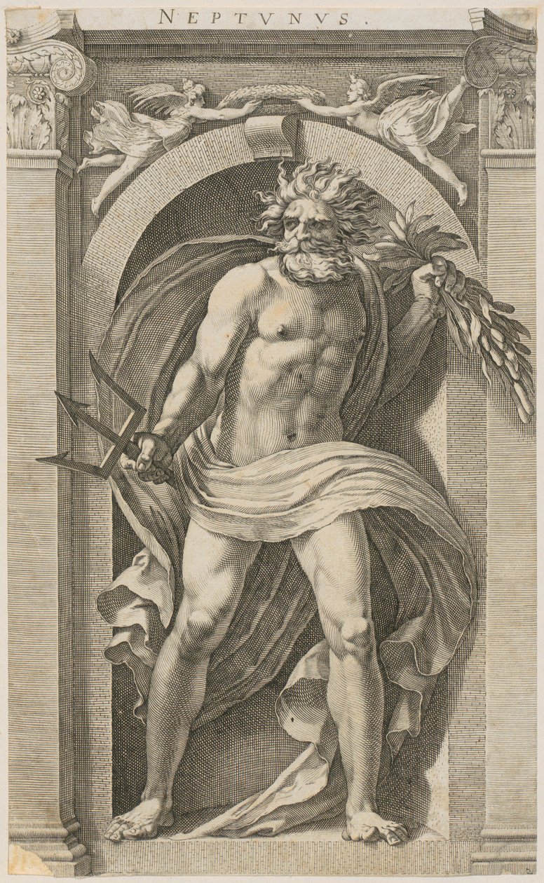 Neptun, side 2 i serien »Otte antikke guddomme« af Hendrick Goltzius