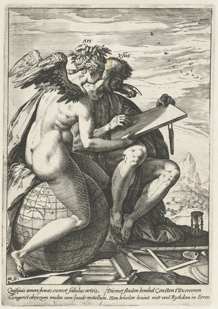 Motion og kunst (Ars/Usus) Belønningen for arbejde, flid, praksis og kunst (serietitel) af Hendrick Goltzius