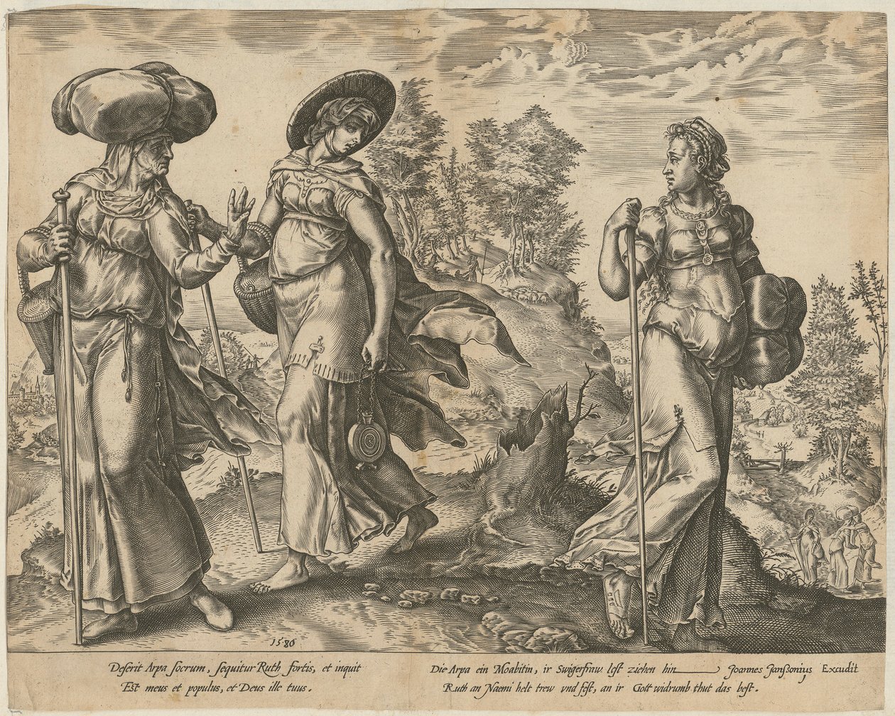 Orpa forlader Rut og Naomi [side 1] og Rut foran Boas på marken [side 2], side 1 og 2 i serien »Ruts historie« af Hendrick Goltzius