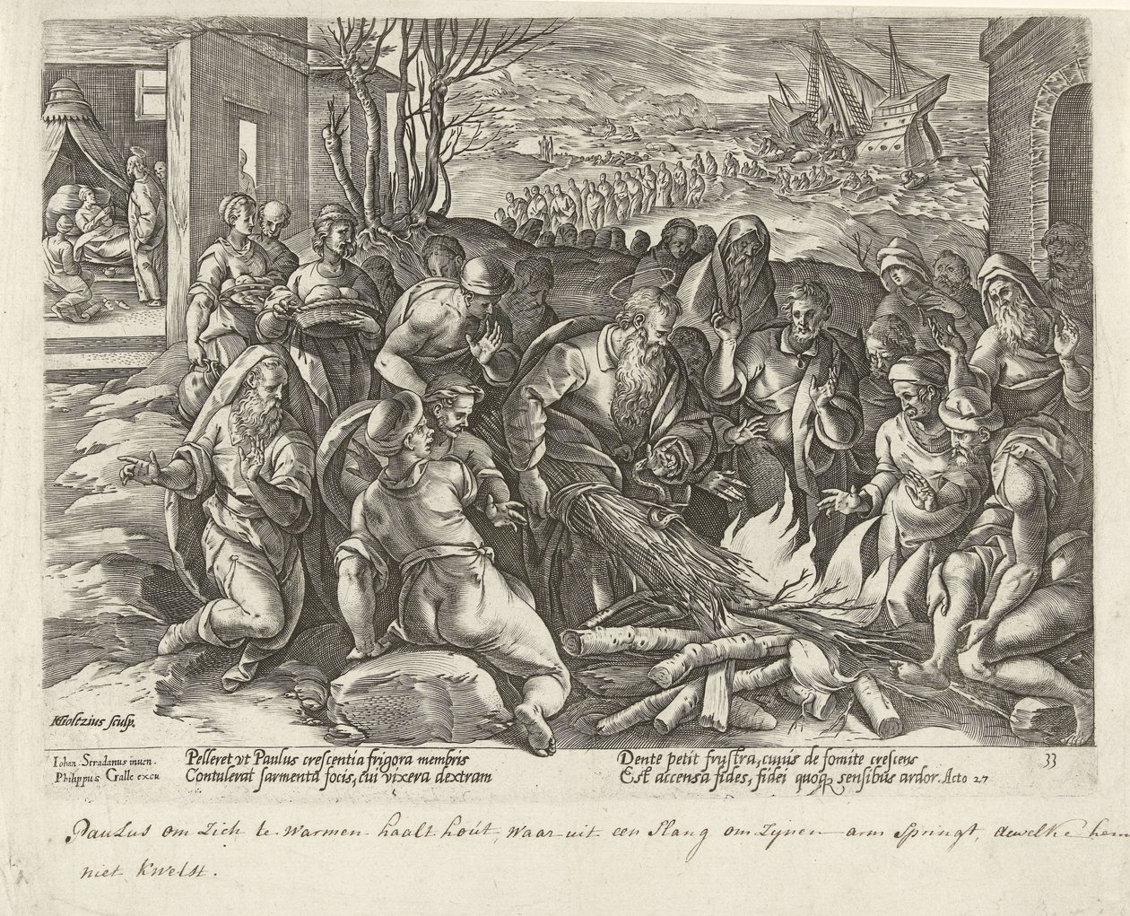 Paul bliver bidt af en hugorm på Malta Apostlenes Gerninger (serietitel) Acta Apostolorum (serietitel) af Hendrick Goltzius