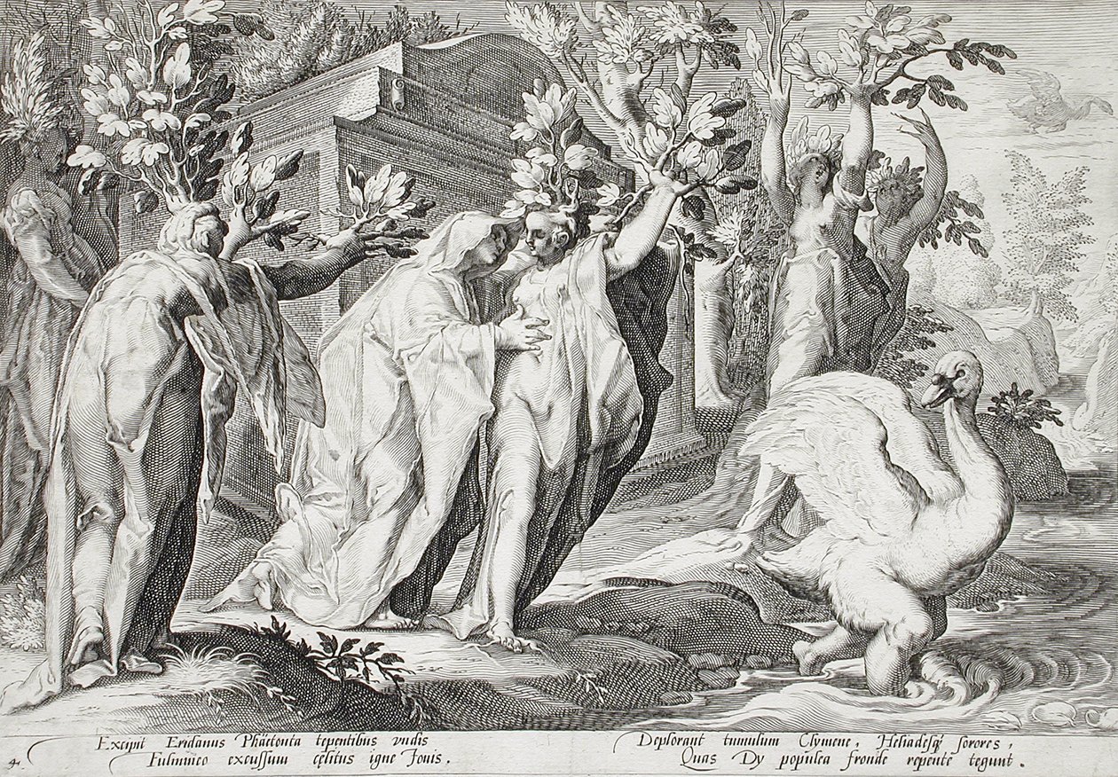 Phaëtons søstre forvandlet til popler og Cygnus til en svane af Hendrick Goltzius