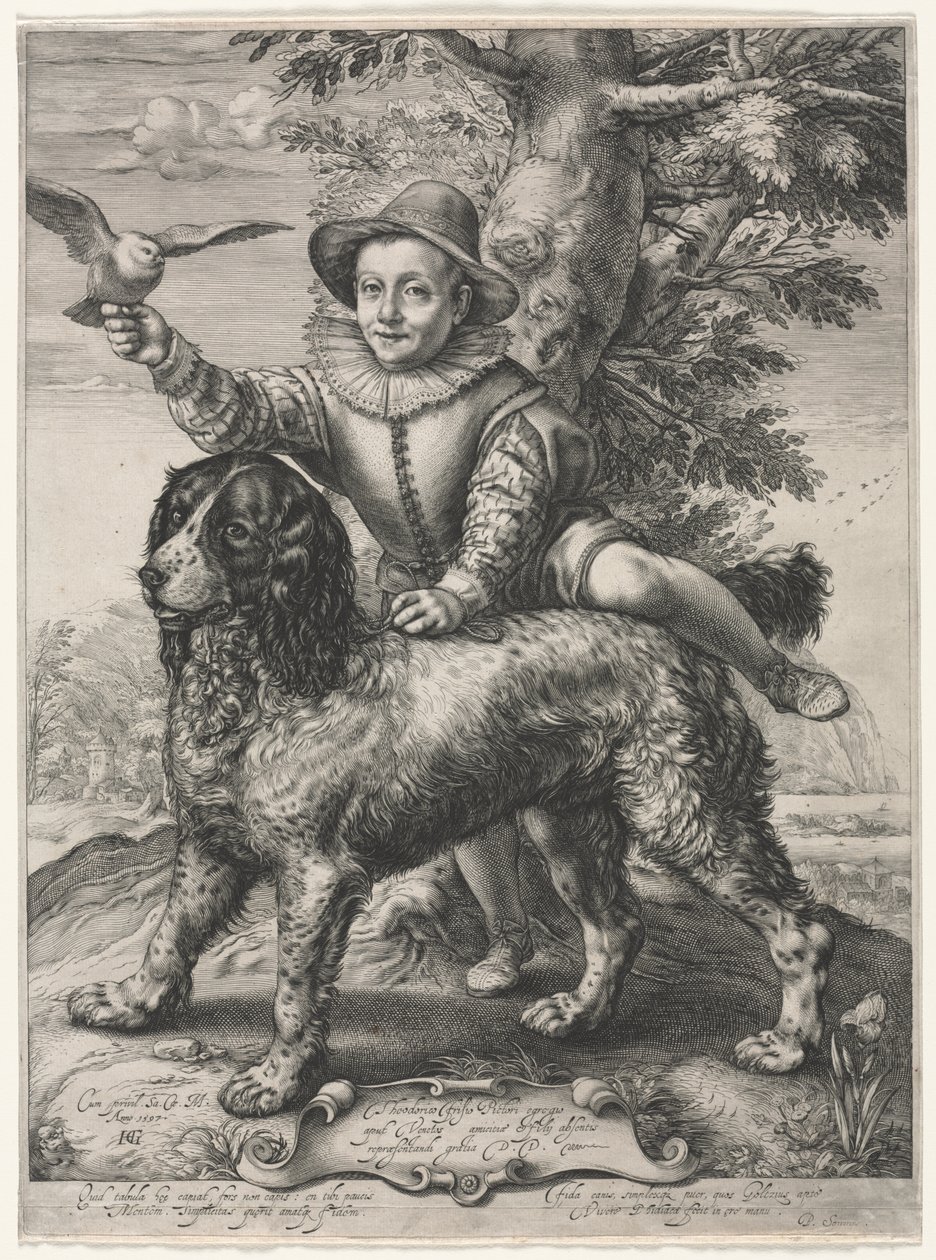 Portræt af Frederick de Vries og hans hund af Hendrick Goltzius