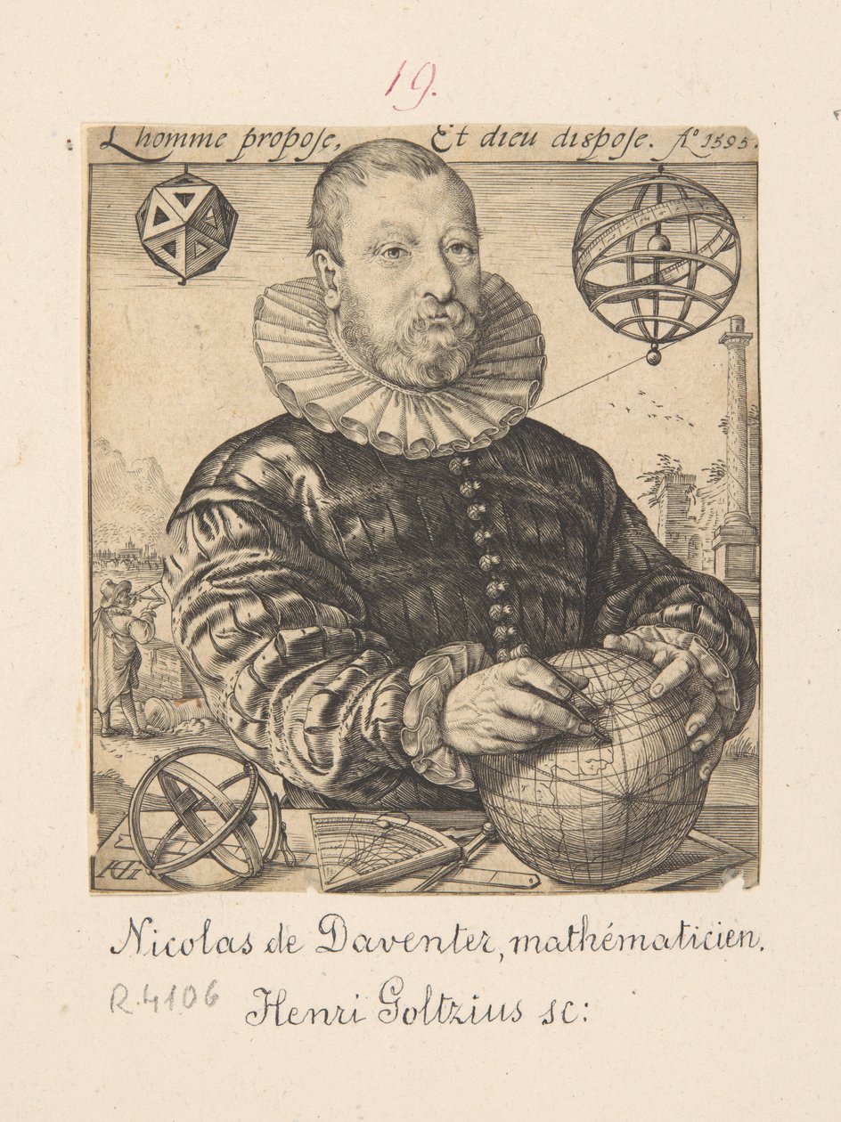 Portræt af Nicolaus Petri Daventriensis, egentlig Claes Pietersz van Deventer, ca. 1540-1602 - matematiker og astronom af Hendrick Goltzius