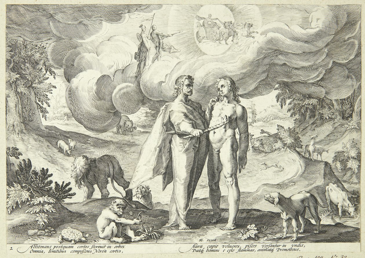Prometheus skaber mennesket og giver det liv med ild fra himlen af Hendrick Goltzius