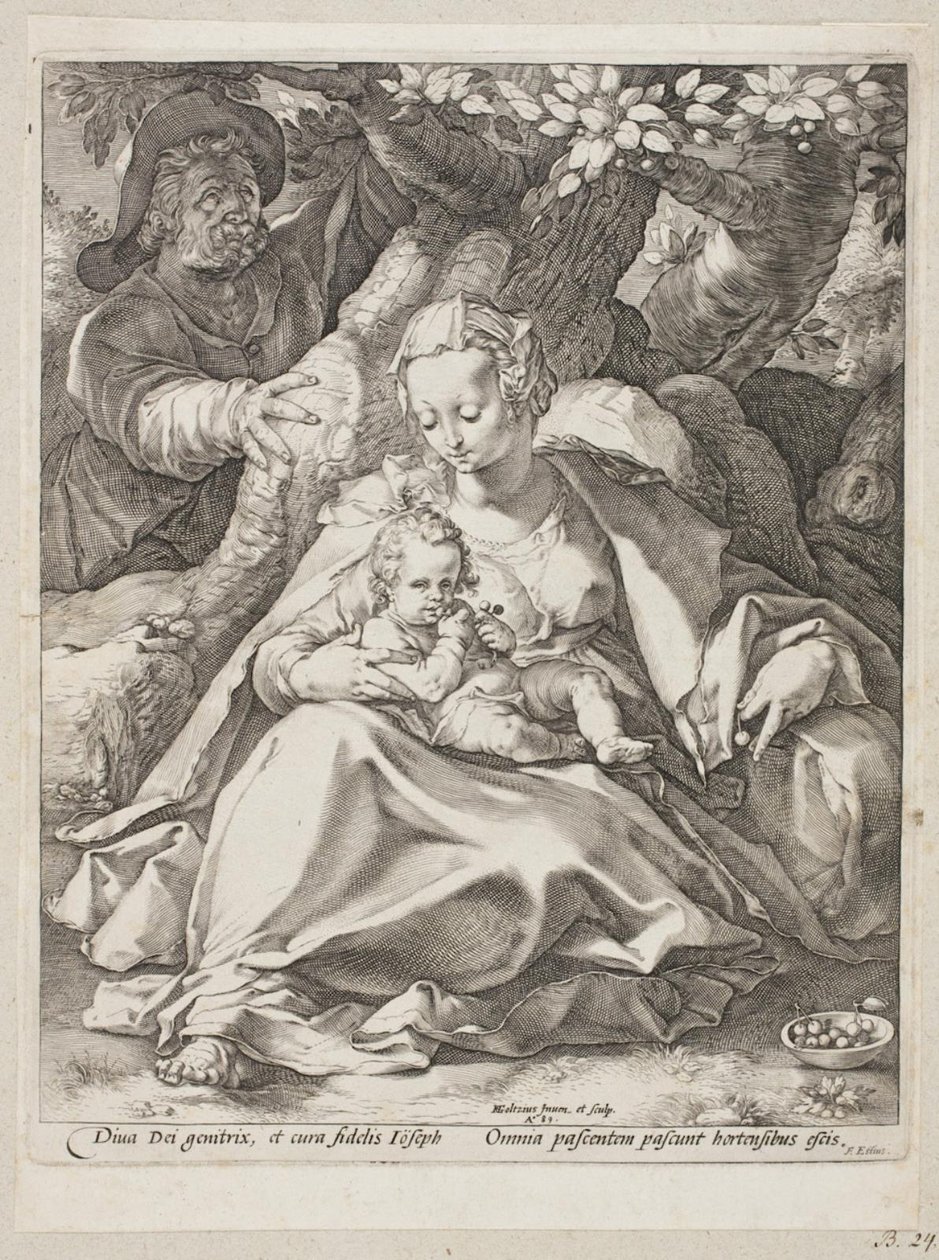 Hvil på flyveturen til Egypten under et kirsebærtræ af Hendrick Goltzius