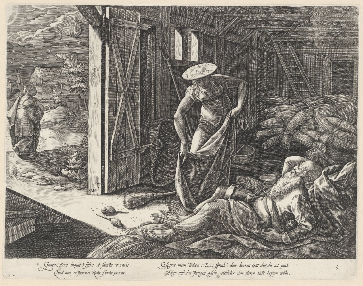 Ruth og Boaz i kornmagasinet The History of Ruth (serietitel) af Hendrick Goltzius