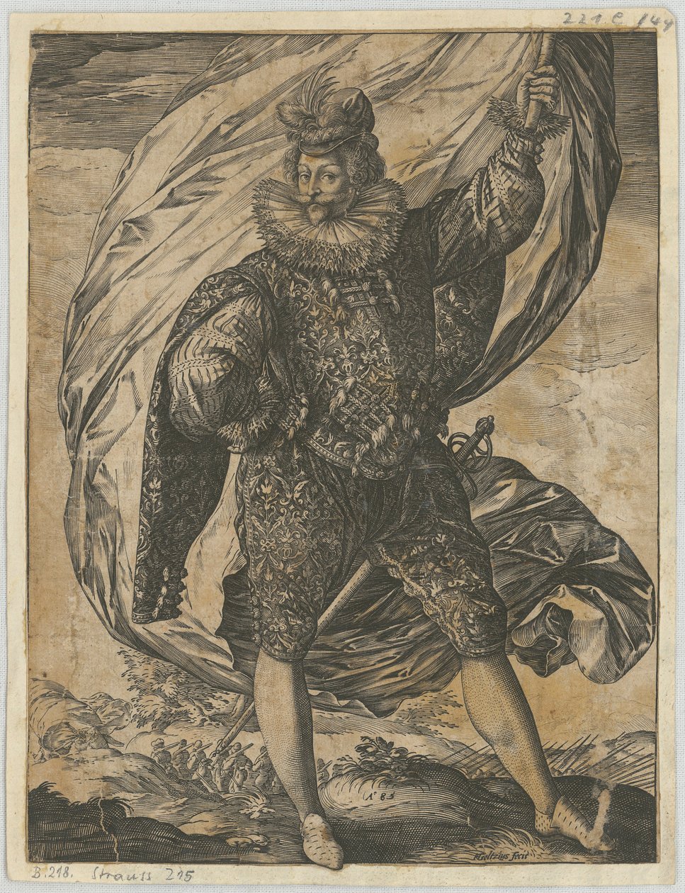 Stående fanebærer, med hovedet vendt mod venstre af Hendrick Goltzius