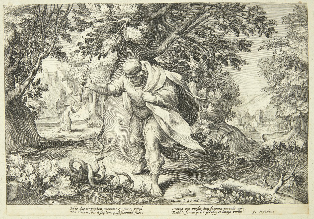 Teiresias slår to parrende slanger med sin stok af Hendrick Goltzius