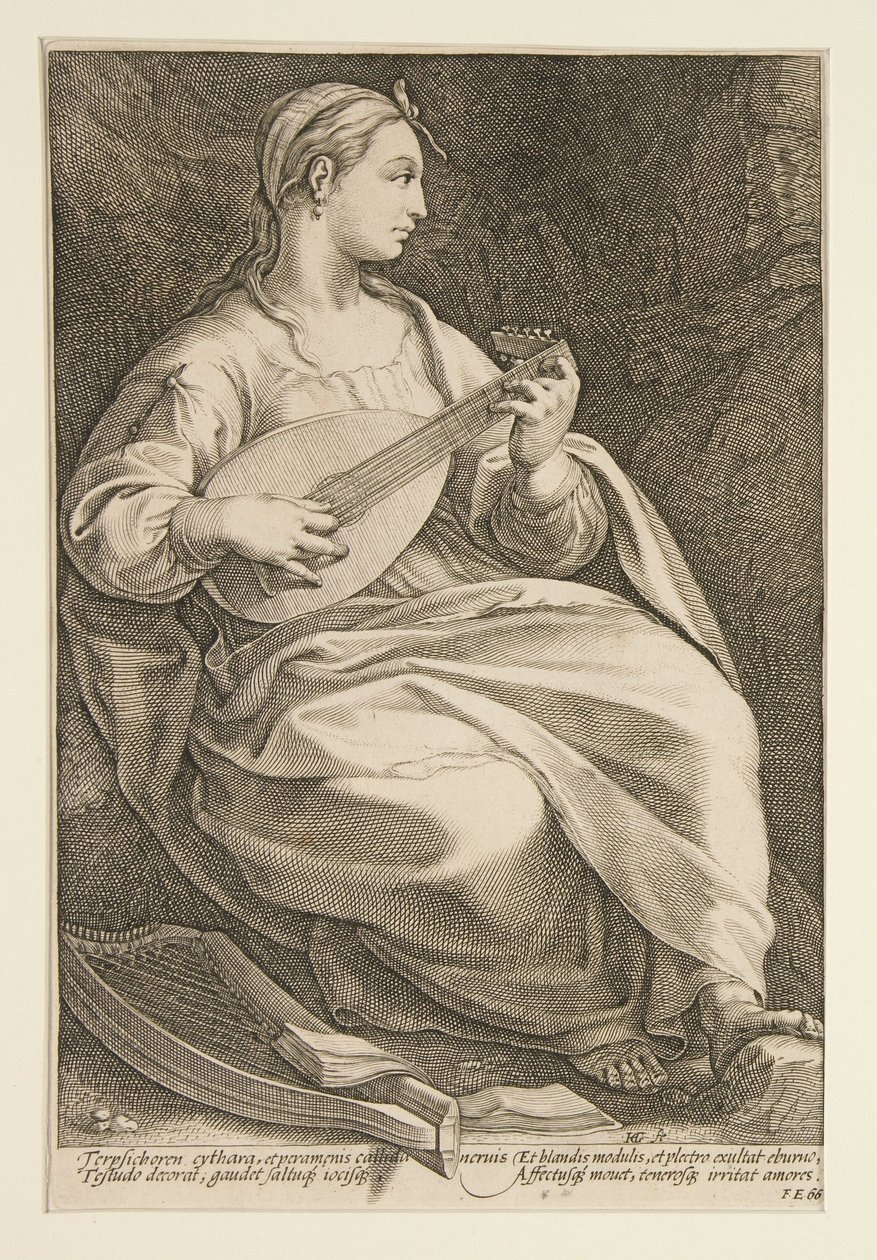 Terpsichore, blad 5 fra serien De ni muser af Hendrick Goltzius