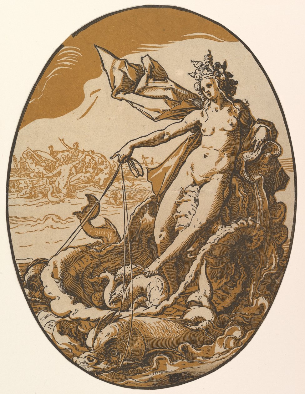 Tethys hvilende i en kæmpemæssig muslingevogn trukket af to havdyr, fra »Guddommene« af Hendrick Goltzius