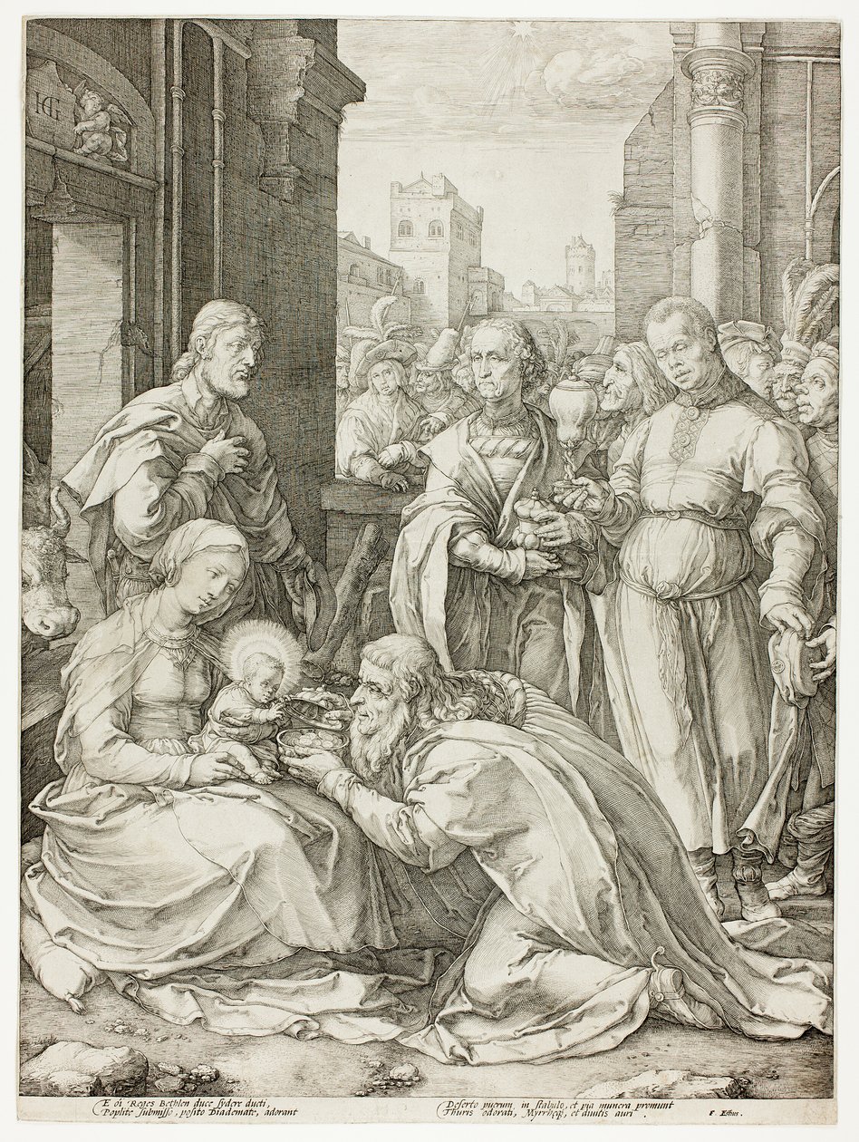 The Adoration of the Magi, plade fem fra The Birth and Early Life of Christ af Hendrick Goltzius