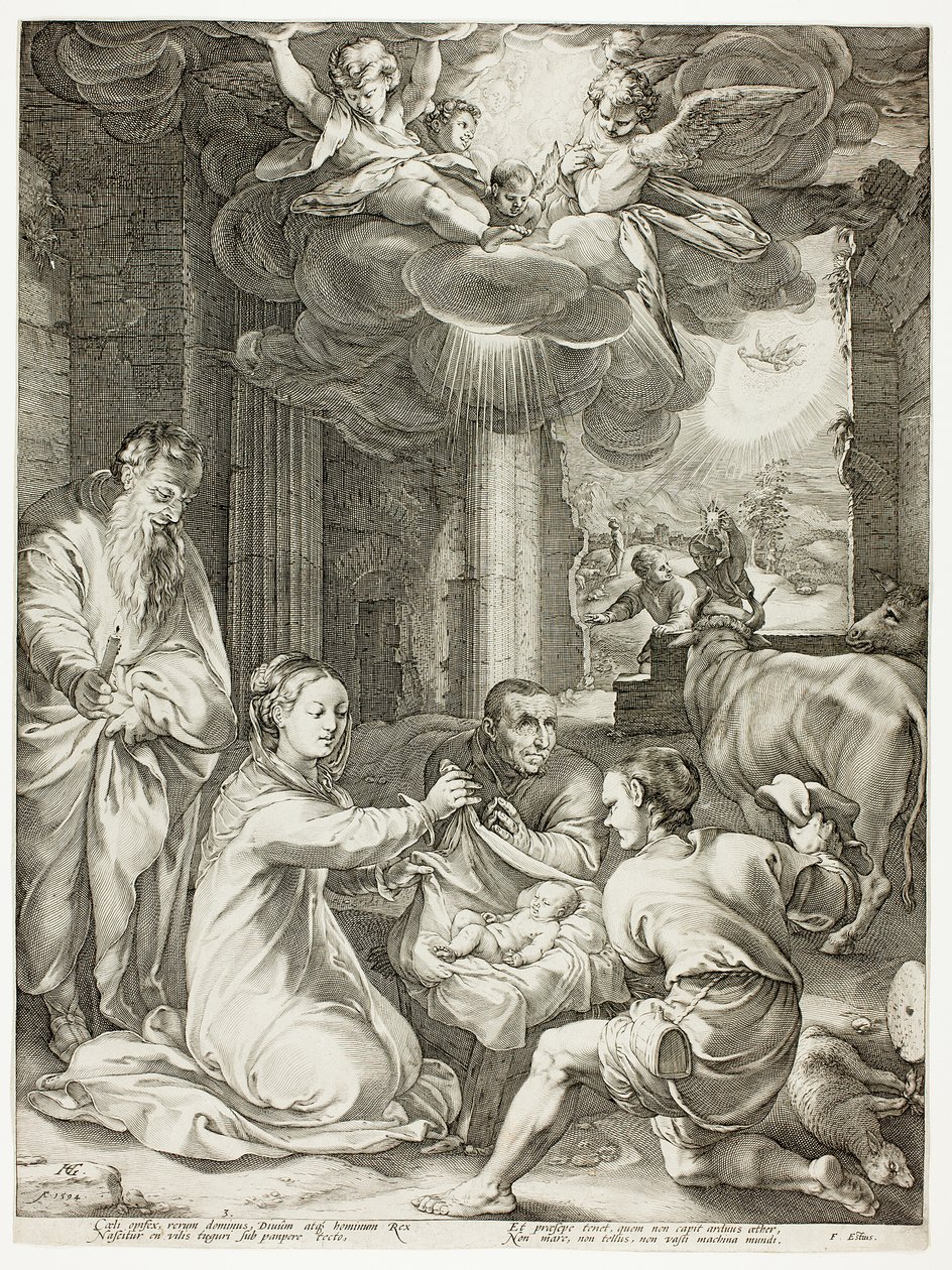 Hyrdernes tilbedelse, plade tre fra The Birth and Early Life of Christ af Hendrick Goltzius