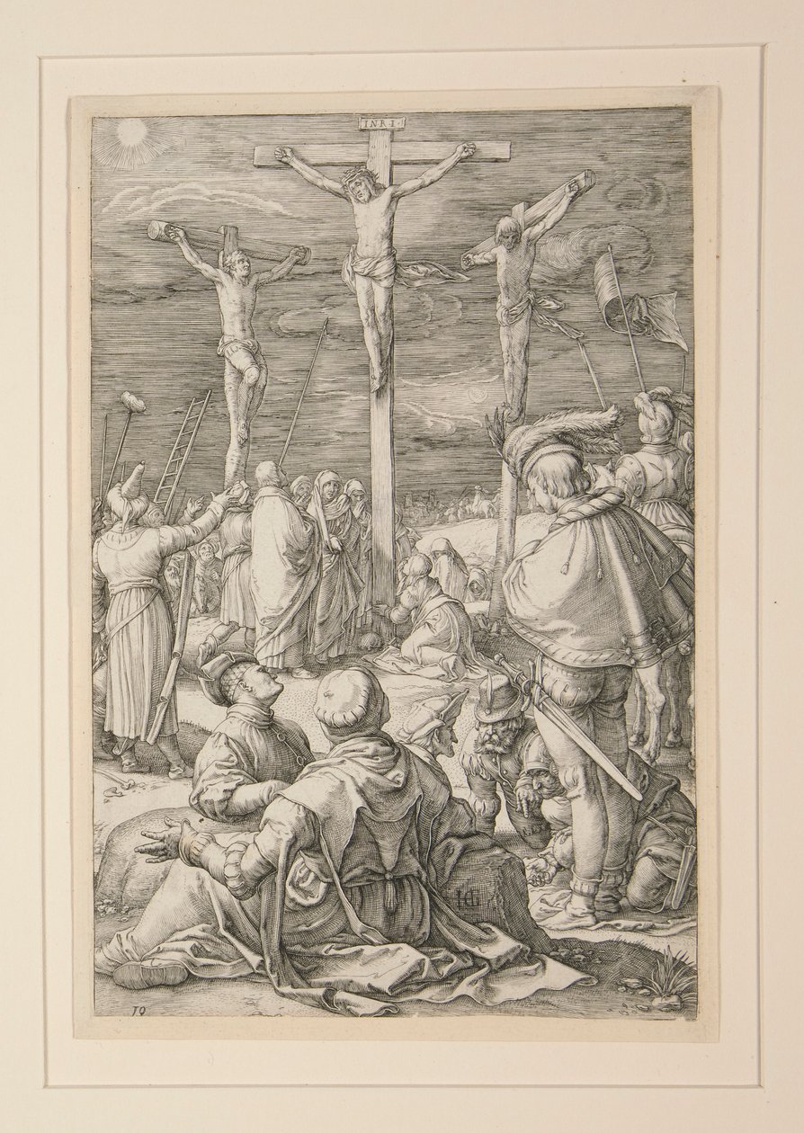 The Crucifixion (Kristus på korset), fra The Passion, #10 i en serie af 12 graveringer af Hendrick Goltzius