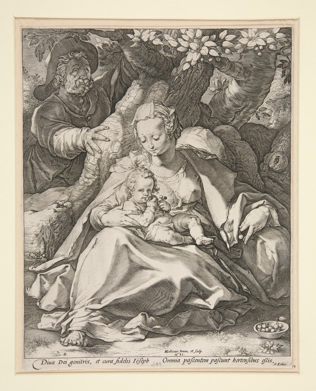 Den hellige familie under kirsebærtræet/ Hvil på flugten til Egypten under et kirsebærtræ af Hendrick Goltzius