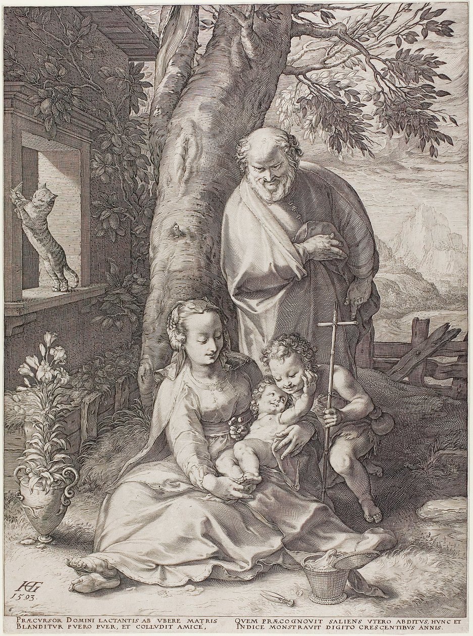 Den hellige familie med spædbarnet Johannes Døberen, plade seks fra The Birth and Early Life of Christ af Hendrick Goltzius
